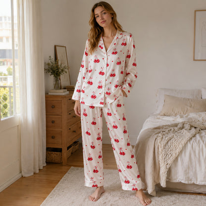 PJ-386-White Satin Cherry Pajama Apparel, Red Berry Pattern Sleeve Loungewear Sleepwear Collection Clothing