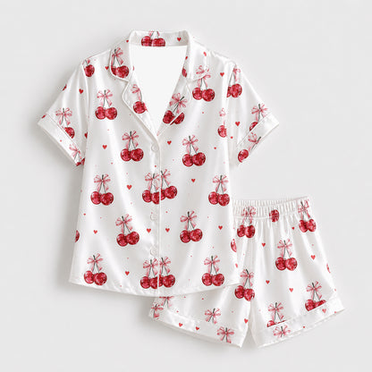 PJ-386-White Satin Cherry Pajama Apparel, Red Berry Pattern Sleeve Loungewear Sleepwear Collection Clothing