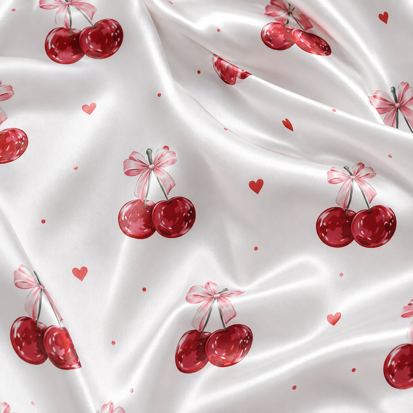 PJ-386-White Satin Cherry Pajama Apparel, Red Berry Pattern Sleeve Loungewear Sleepwear Collection Clothing