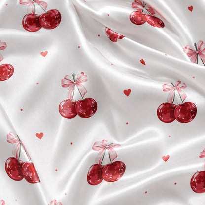 PJ-386-White Satin Cherry Pajama Apparel, Red Berry Pattern Sleeve Loungewear Sleepwear Collection Clothing