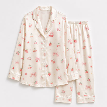 PJ-387-Alabaster Silk Rose Pajama Apparel, Crimson Floral Graphic Loungewear Sleepwear Collection Raiment