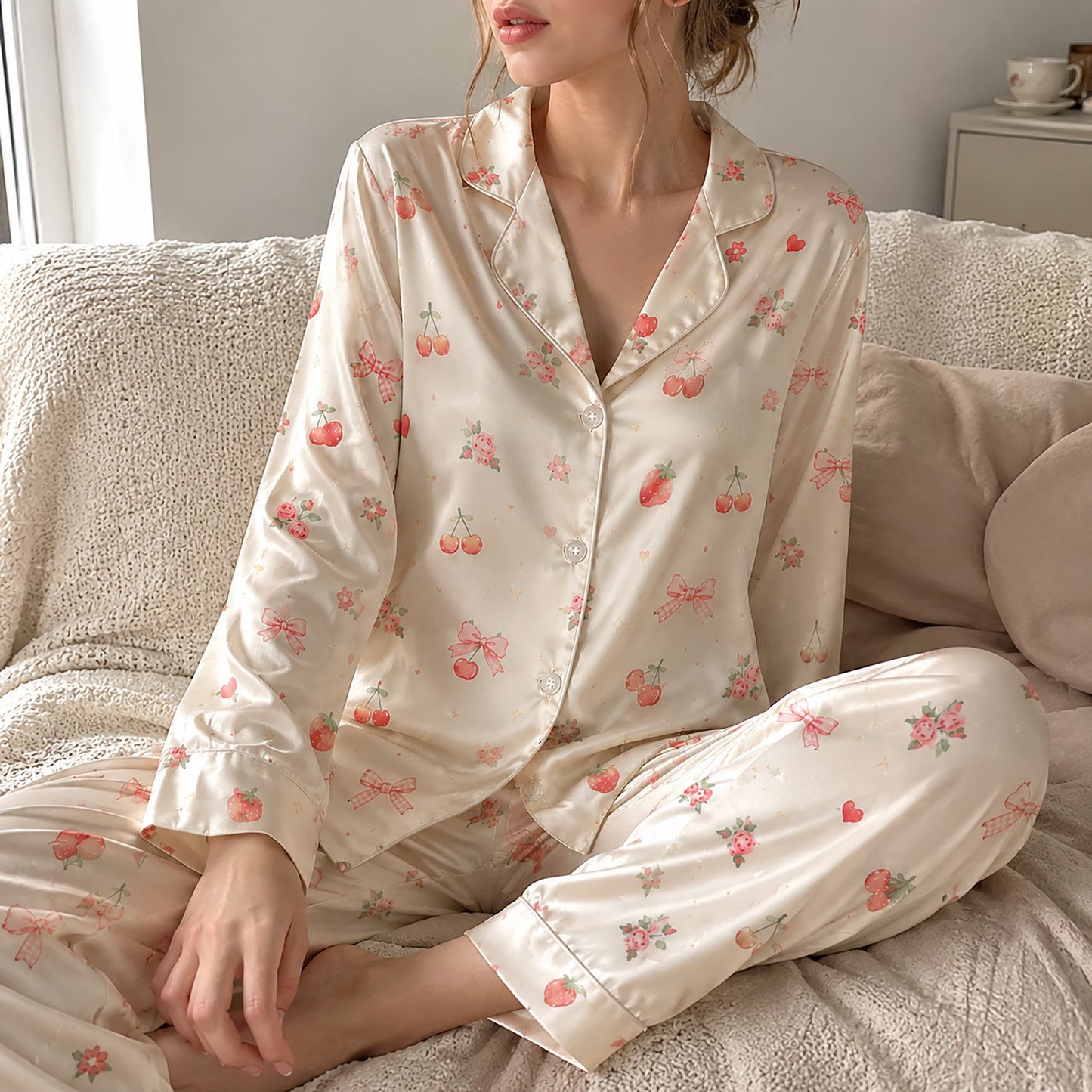 PJ-387-Alabaster Silk Rose Pajama Apparel, Crimson Floral Graphic Loungewear Sleepwear Collection Raiment