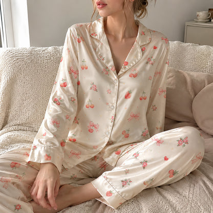 PJ-387-Alabaster Silk Rose Pajama Apparel, Crimson Floral Graphic Loungewear Sleepwear Collection Raiment