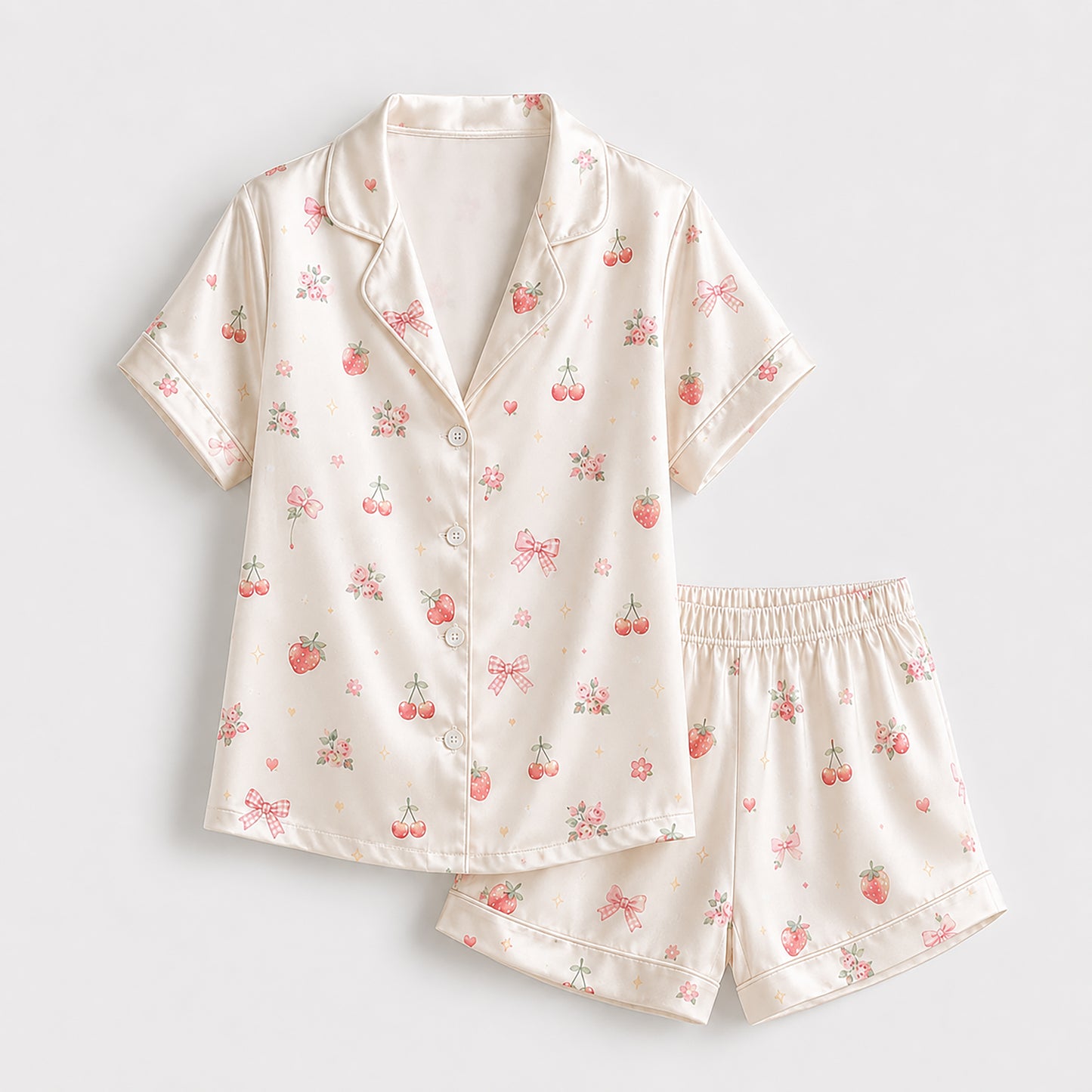 PJ-387-Alabaster Silk Rose Pajama Apparel, Crimson Floral Graphic Loungewear Sleepwear Collection Raiment