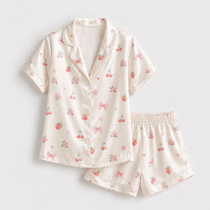 PJ-387-Alabaster Silk Rose Pajama Apparel, Crimson Floral Graphic Loungewear Sleepwear Collection Raiment