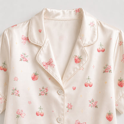 PJ-387-Alabaster Silk Rose Pajama Apparel, Crimson Floral Graphic Loungewear Sleepwear Collection Raiment