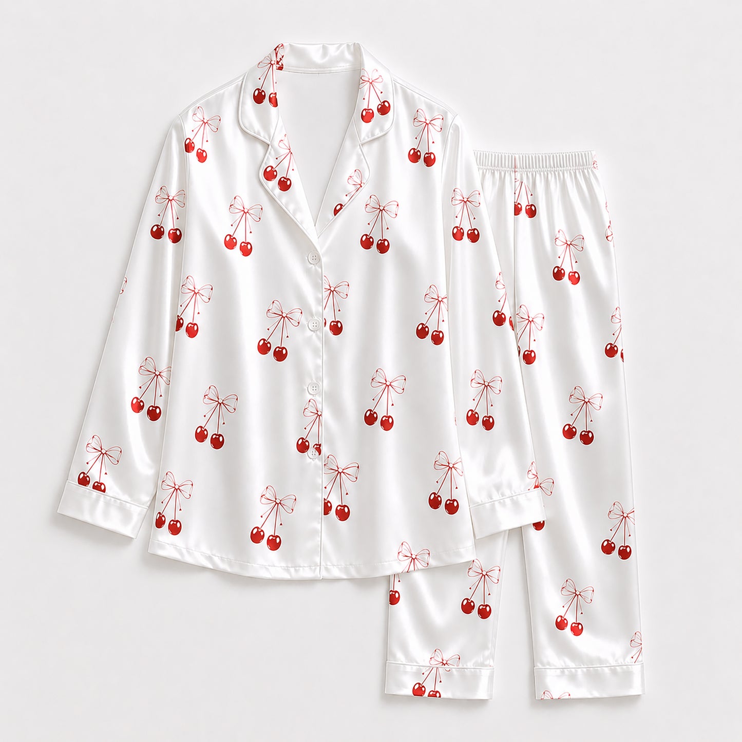 PJ-388-Alabaster Silk Cherry Pajama Apparel, Crimson Floral Graphic Loungewear Sleepwear Collection Raiment