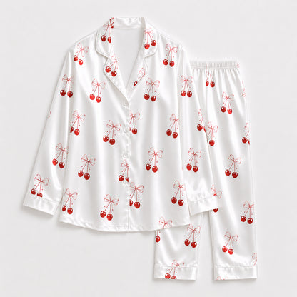 PJ-388-Alabaster Silk Cherry Pajama Apparel, Crimson Floral Graphic Loungewear Sleepwear Collection Raiment