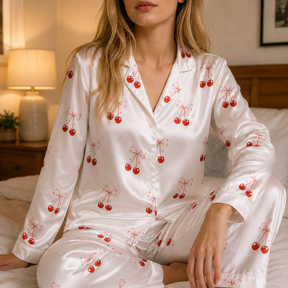 PJ-388-Alabaster Silk Cherry Pajama Apparel, Crimson Floral Graphic Loungewear Sleepwear Collection Raiment
