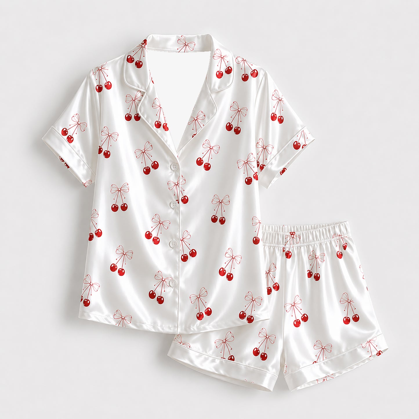 PJ-388-Alabaster Silk Cherry Pajama Apparel, Crimson Floral Graphic Loungewear Sleepwear Collection Raiment