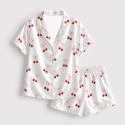 PJ-388-Alabaster Silk Cherry Pajama Apparel, Crimson Floral Graphic Loungewear Sleepwear Collection Raiment