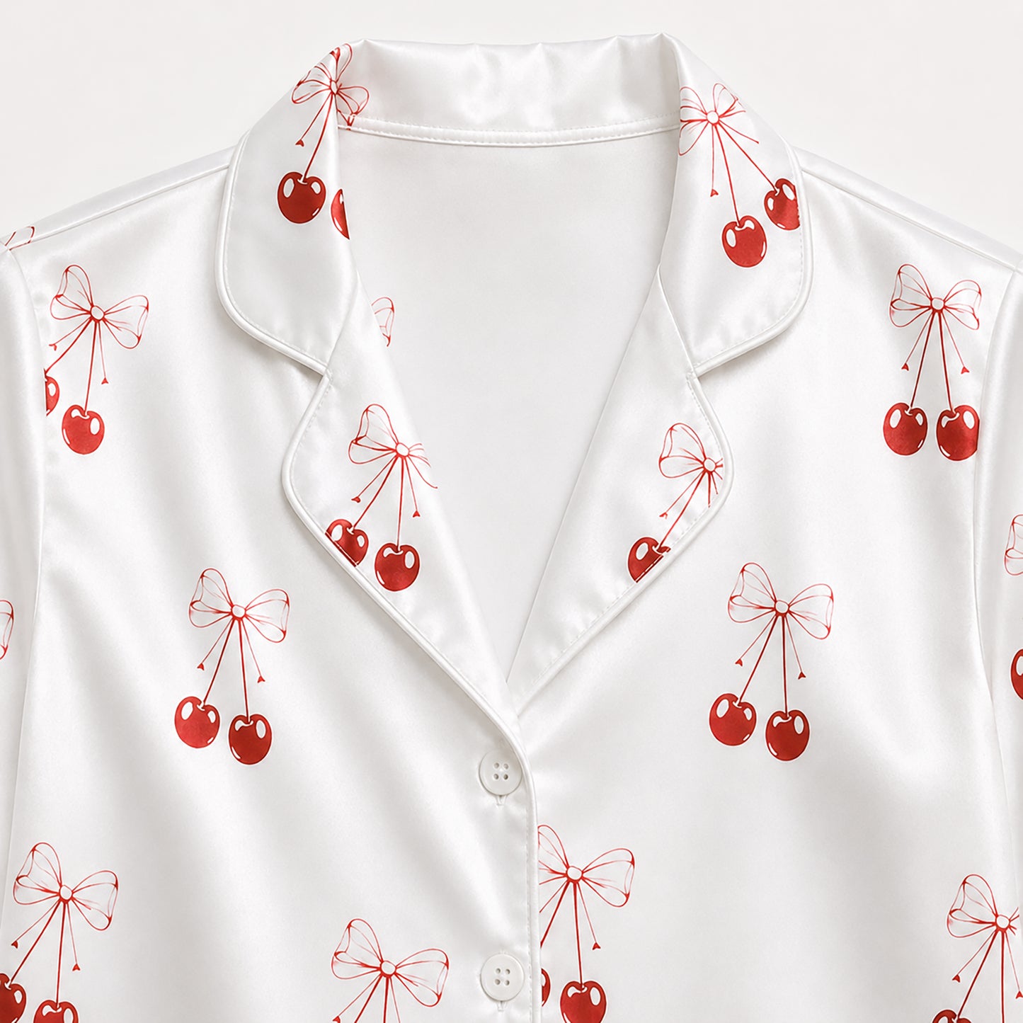 PJ-388-Alabaster Silk Cherry Pajama Apparel, Crimson Floral Graphic Loungewear Sleepwear Collection Raiment
