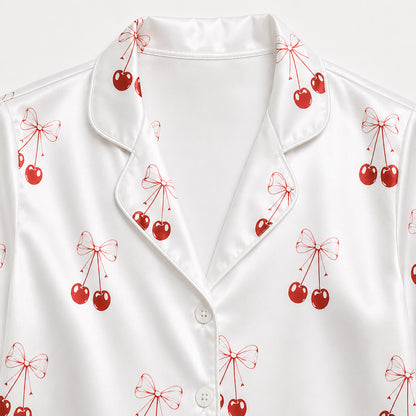 PJ-388-Alabaster Silk Cherry Pajama Apparel, Crimson Floral Graphic Loungewear Sleepwear Collection Raiment