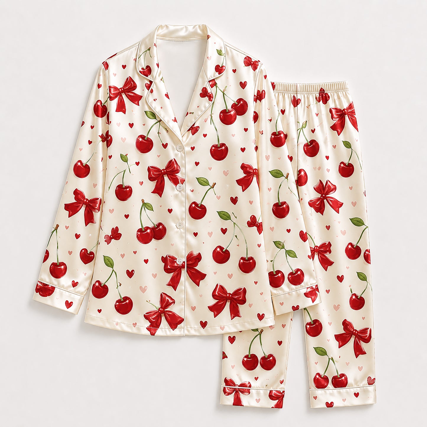 PJ-389-White Satin Cherry Pajama Apparel, Red Bow Pattern Short Sleeve Loungewear Sleepwear Collection Clothing