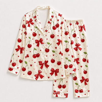 PJ-389-White Satin Cherry Pajama Apparel, Red Bow Pattern Short Sleeve Loungewear Sleepwear Collection Clothing