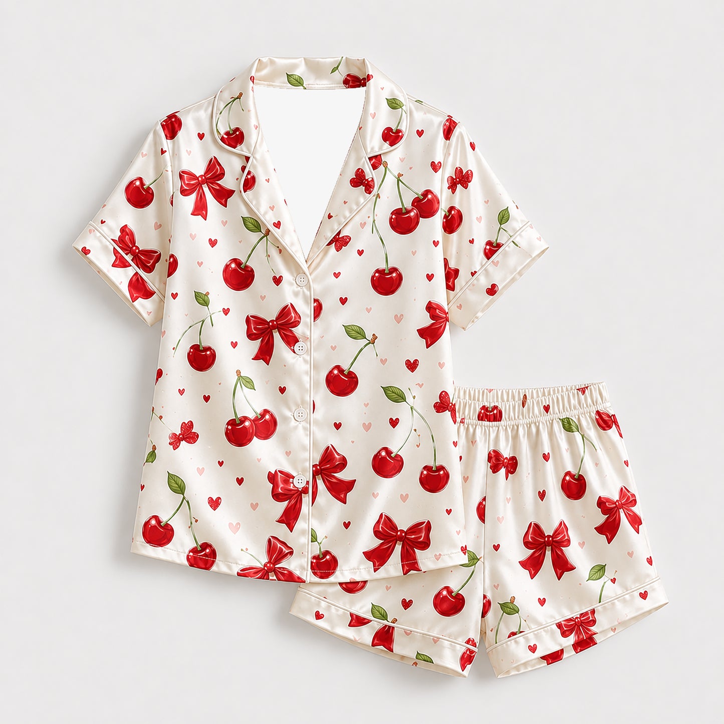 PJ-389-White Satin Cherry Pajama Apparel, Red Bow Pattern Short Sleeve Loungewear Sleepwear Collection Clothing