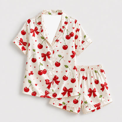 PJ-389-White Satin Cherry Pajama Apparel, Red Bow Pattern Short Sleeve Loungewear Sleepwear Collection Clothing