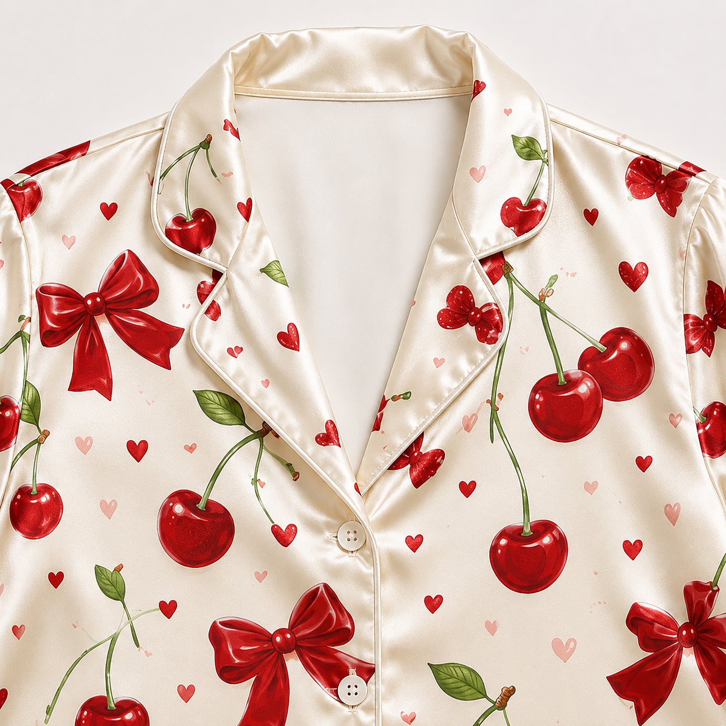 PJ-389-White Satin Cherry Pajama Apparel, Red Bow Pattern Short Sleeve Loungewear Sleepwear Collection Clothing