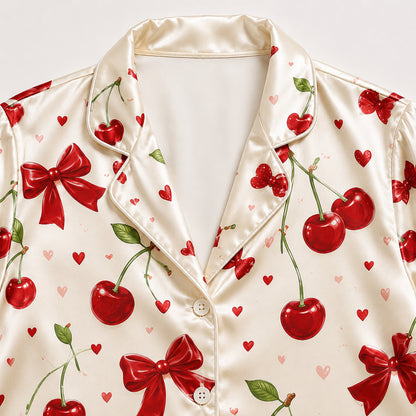 PJ-389-White Satin Cherry Pajama Apparel, Red Bow Pattern Short Sleeve Loungewear Sleepwear Collection Clothing