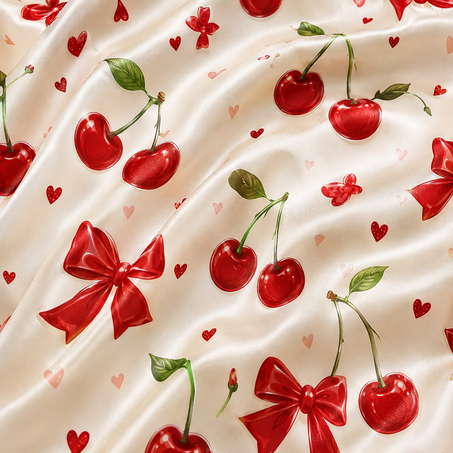 PJ-389-White Satin Cherry Pajama Apparel, Red Bow Pattern Short Sleeve Loungewear Sleepwear Collection Clothing