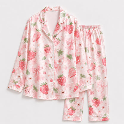 PJ-390-Pink Satin Strawberry Pajama Apparel, Red Berry Pattern Short Sleeve Loungewear Sleepwear Collection Clothing
