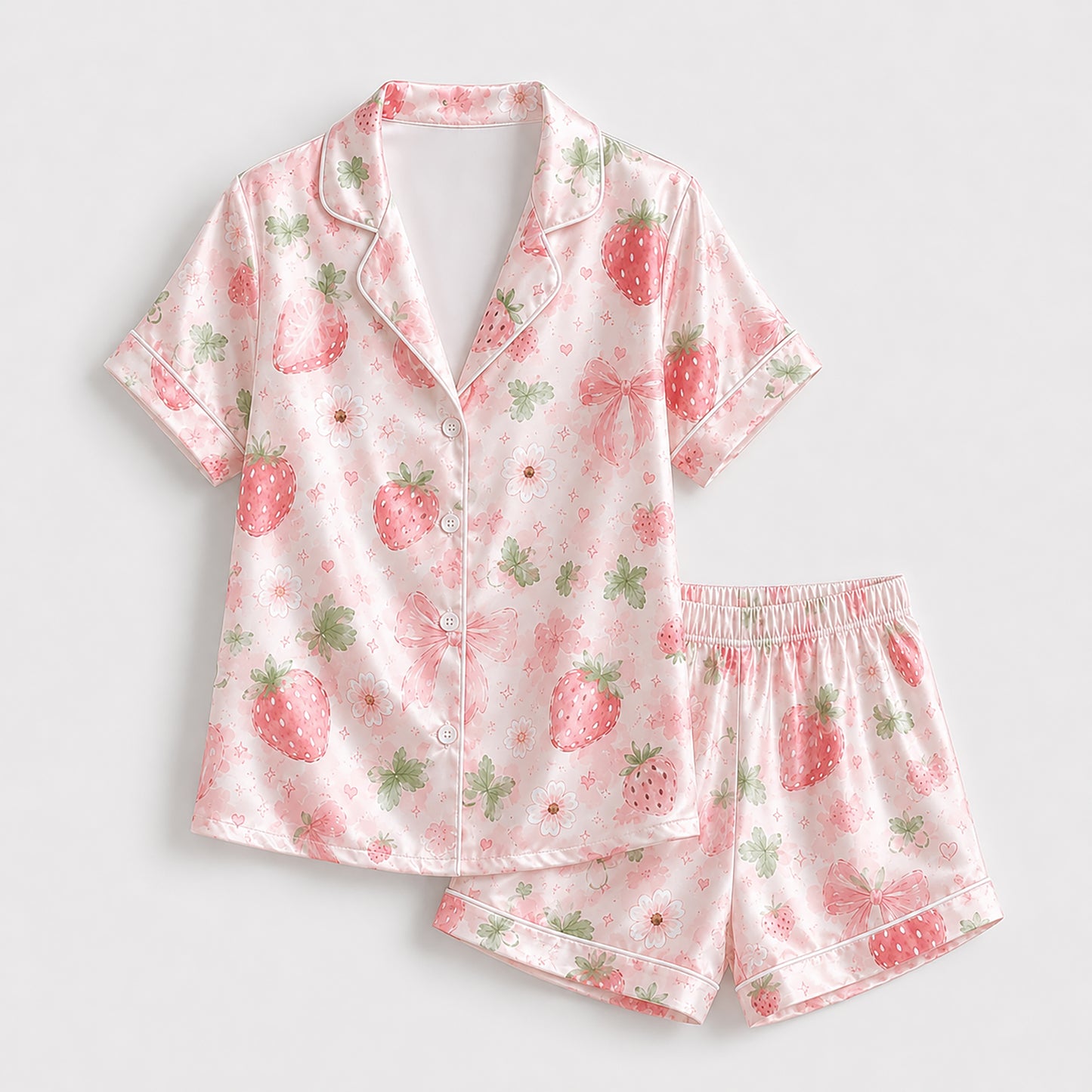 PJ-390-Pink Satin Strawberry Pajama Apparel, Red Berry Pattern Short Sleeve Loungewear Sleepwear Collection Clothing