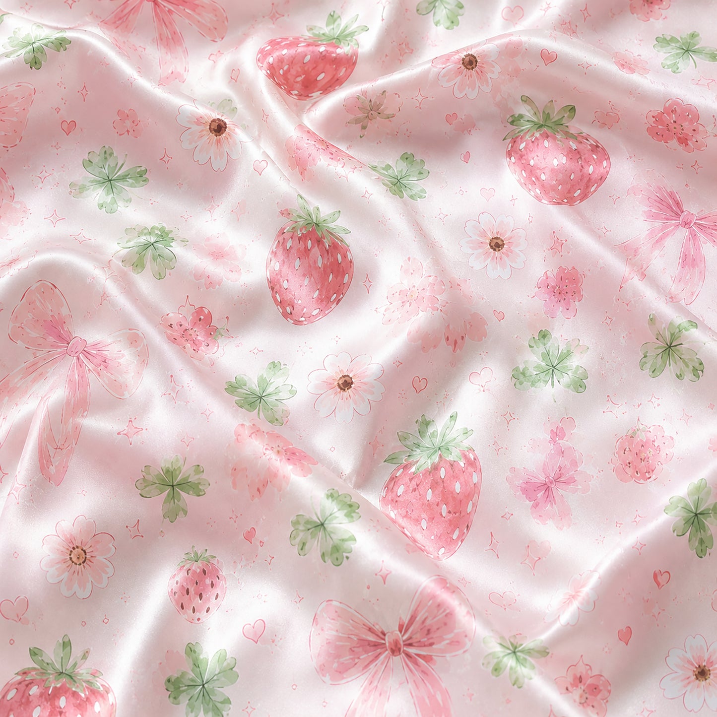 PJ-390-Pink Satin Strawberry Pajama Apparel, Red Berry Pattern Short Sleeve Loungewear Sleepwear Collection Clothing
