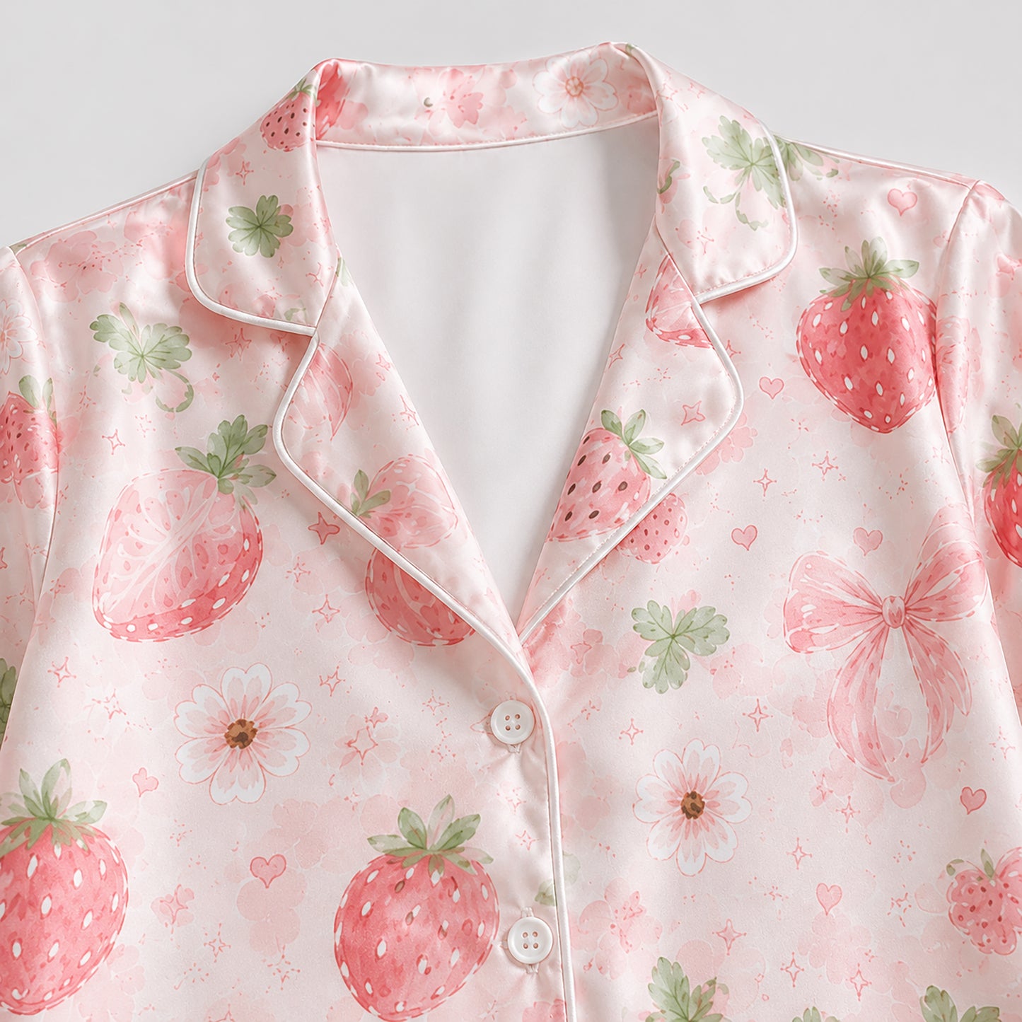 PJ-390-Pink Satin Strawberry Pajama Apparel, Red Berry Pattern Short Sleeve Loungewear Sleepwear Collection Clothing