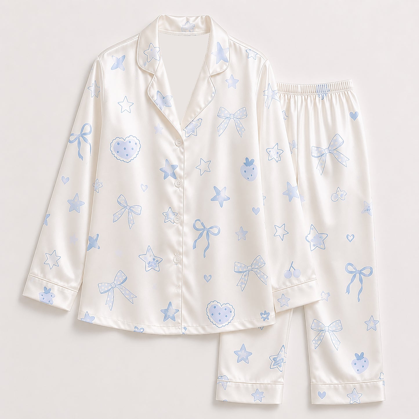 PJ-391-Alabaster Silk Coquette Pajama Apparel, Pastel Heart Graphic Loungewear Sleepwear Collection Raiment