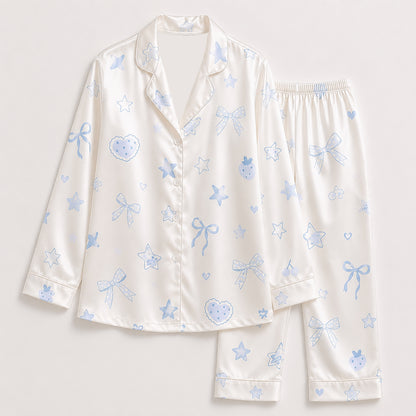 PJ-391-Alabaster Silk Coquette Pajama Apparel, Pastel Heart Graphic Loungewear Sleepwear Collection Raiment