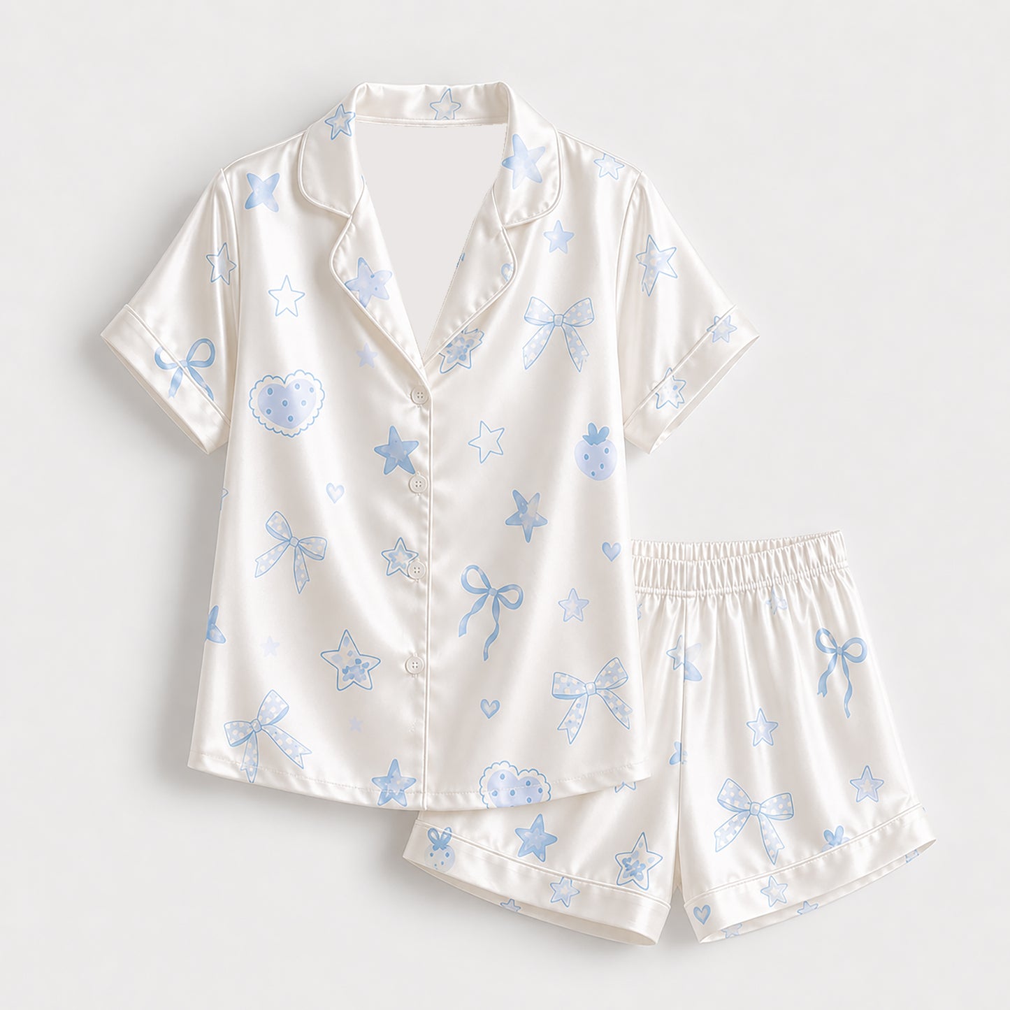 PJ-391-Alabaster Silk Coquette Pajama Apparel, Pastel Heart Graphic Loungewear Sleepwear Collection Raiment
