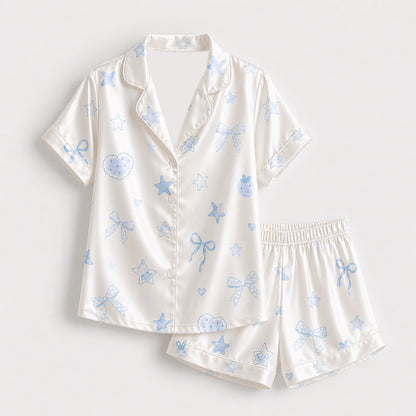 PJ-391-Alabaster Silk Coquette Pajama Apparel, Pastel Heart Graphic Loungewear Sleepwear Collection Raiment