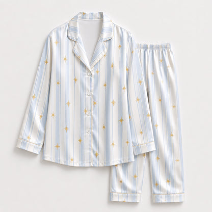 PJ-392-Creamy Poly Sparkle Pajama Apparel, Light Blue Printed Short Sleeve Loungewear Sleepwear Collection Attire