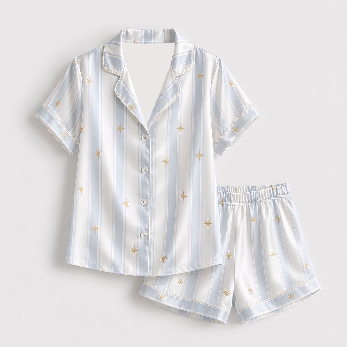 PJ-392-Creamy Poly Sparkle Pajama Apparel, Light Blue Printed Short Sleeve Loungewear Sleepwear Collection Attire
