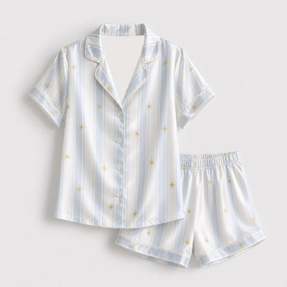 PJ-392-Creamy Poly Sparkle Pajama Apparel, Light Blue Printed Short Sleeve Loungewear Sleepwear Collection Attire