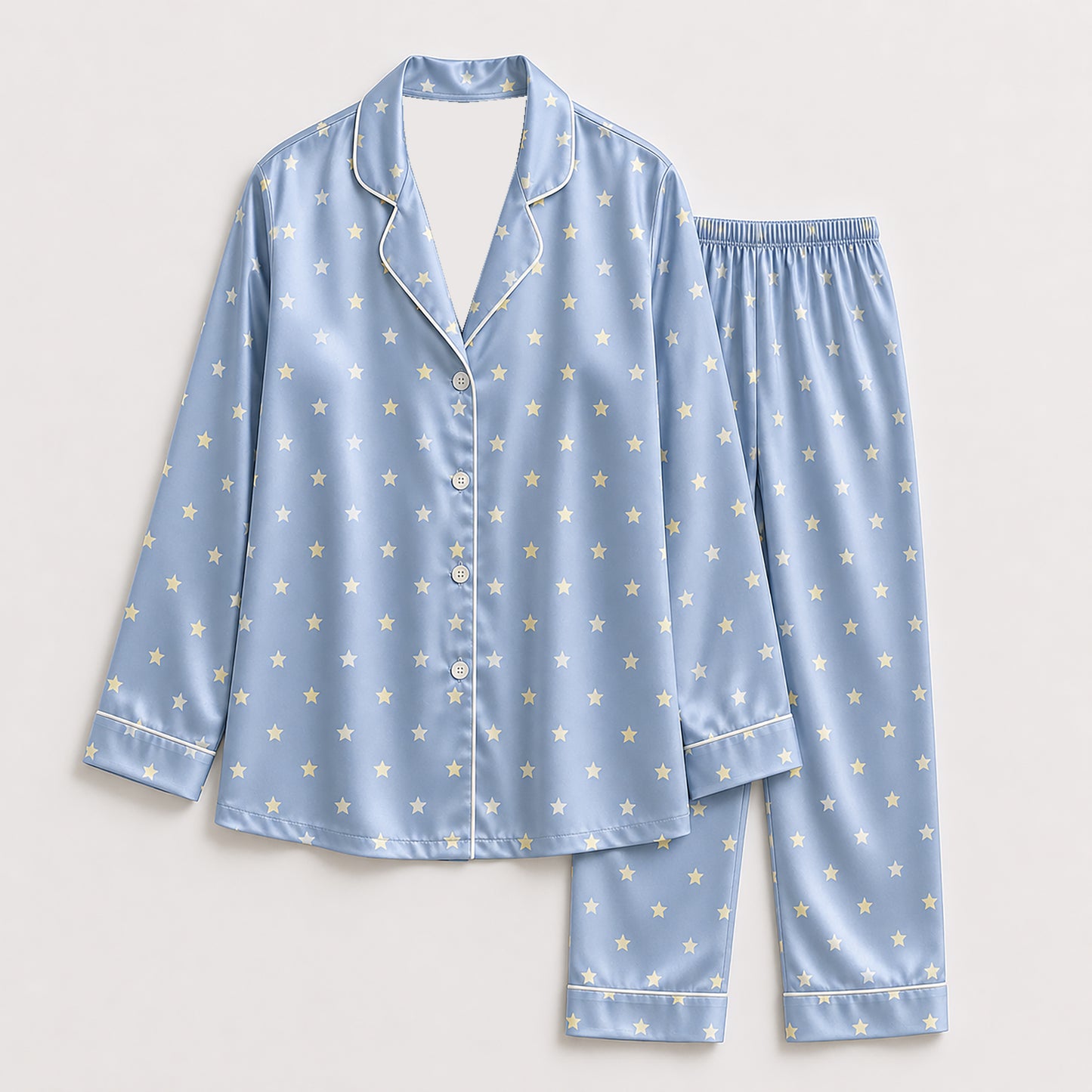 PJ-393-Satin Star Pajama Apparel, Yellow Celestial Pattern Sleeve Loungewear Sleepwear Collection Clothing