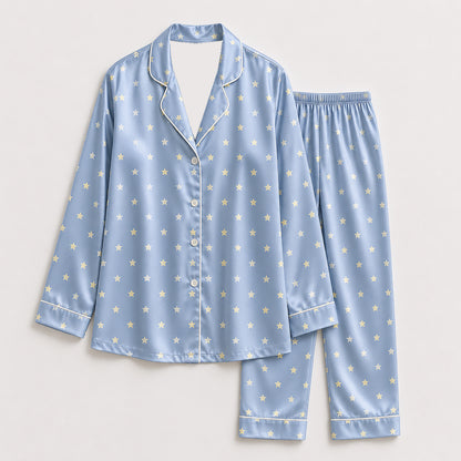 PJ-393-Satin Star Pajama Apparel, Yellow Celestial Pattern Sleeve Loungewear Sleepwear Collection Clothing