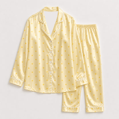 PJ-393-Satin Star Pajama Apparel, Yellow Celestial Pattern Sleeve Loungewear Sleepwear Collection Clothing