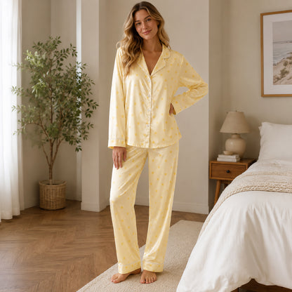 PJ-393-Satin Star Pajama Apparel, Yellow Celestial Pattern Sleeve Loungewear Sleepwear Collection Clothing
