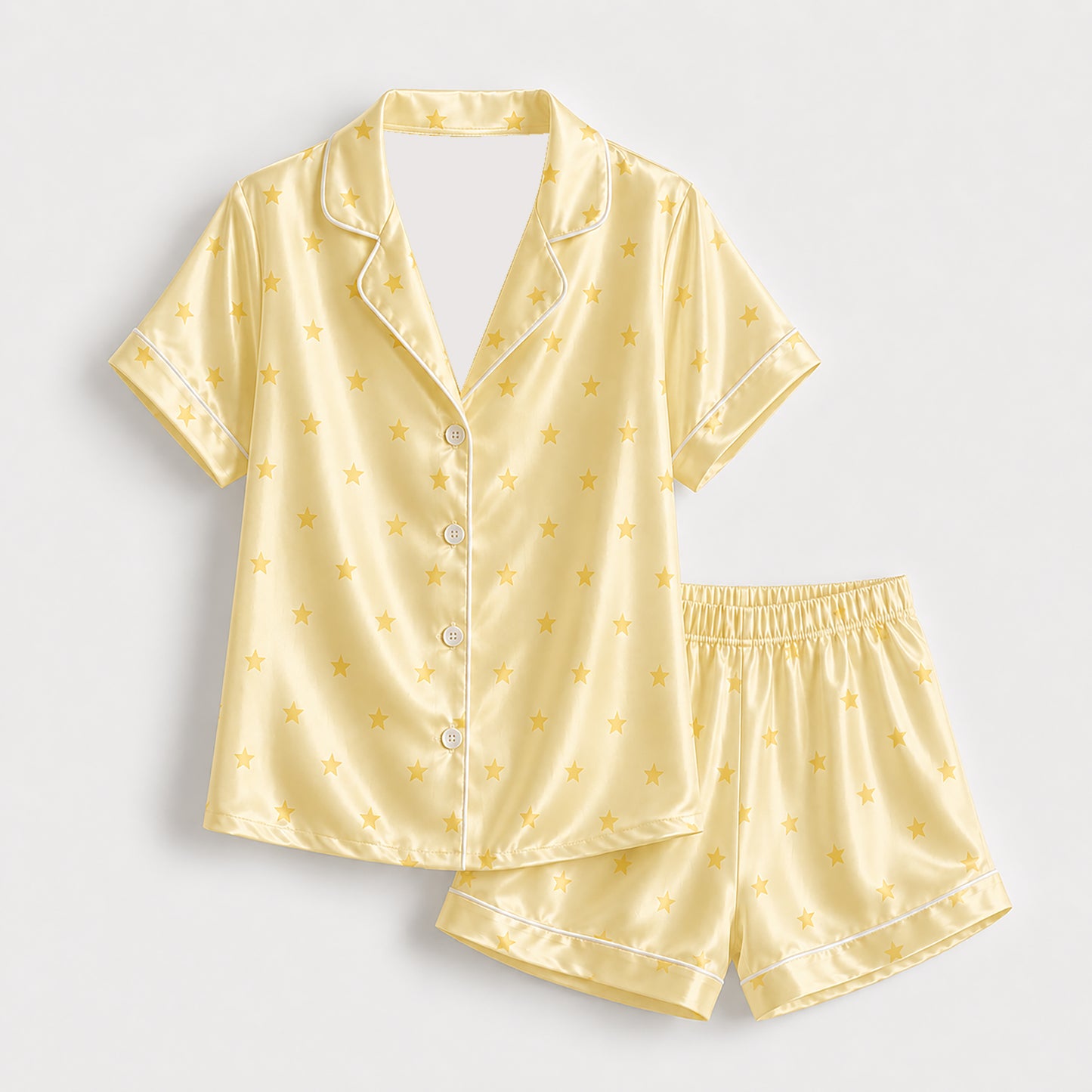 PJ-393-Satin Star Pajama Apparel, Yellow Celestial Pattern Sleeve Loungewear Sleepwear Collection Clothing