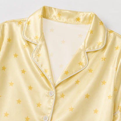 PJ-393-Satin Star Pajama Apparel, Yellow Celestial Pattern Sleeve Loungewear Sleepwear Collection Clothing