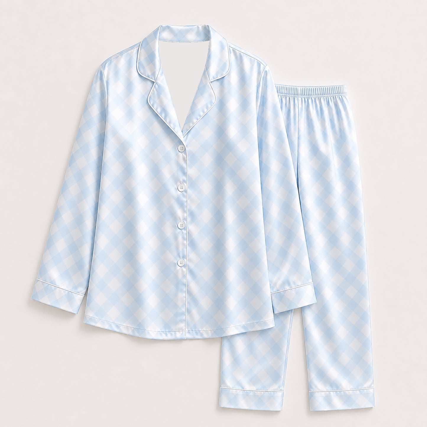 PJ-394-Blue Satin Gingham Pajama Apparel, White Checkered Pattern Sleeve Loungewear Sleepwear Collection Clothing