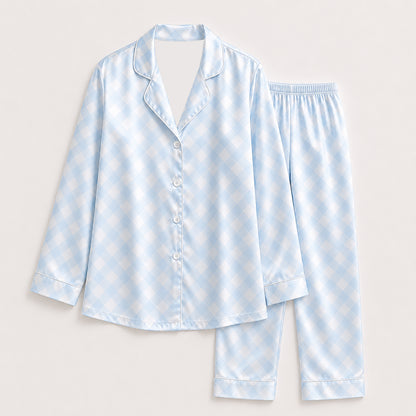 PJ-394-Blue Satin Gingham Pajama Apparel, White Checkered Pattern Sleeve Loungewear Sleepwear Collection Clothing