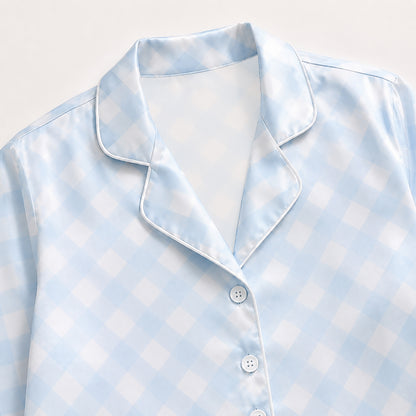 PJ-394-Blue Satin Gingham Pajama Apparel, White Checkered Pattern Sleeve Loungewear Sleepwear Collection Clothing