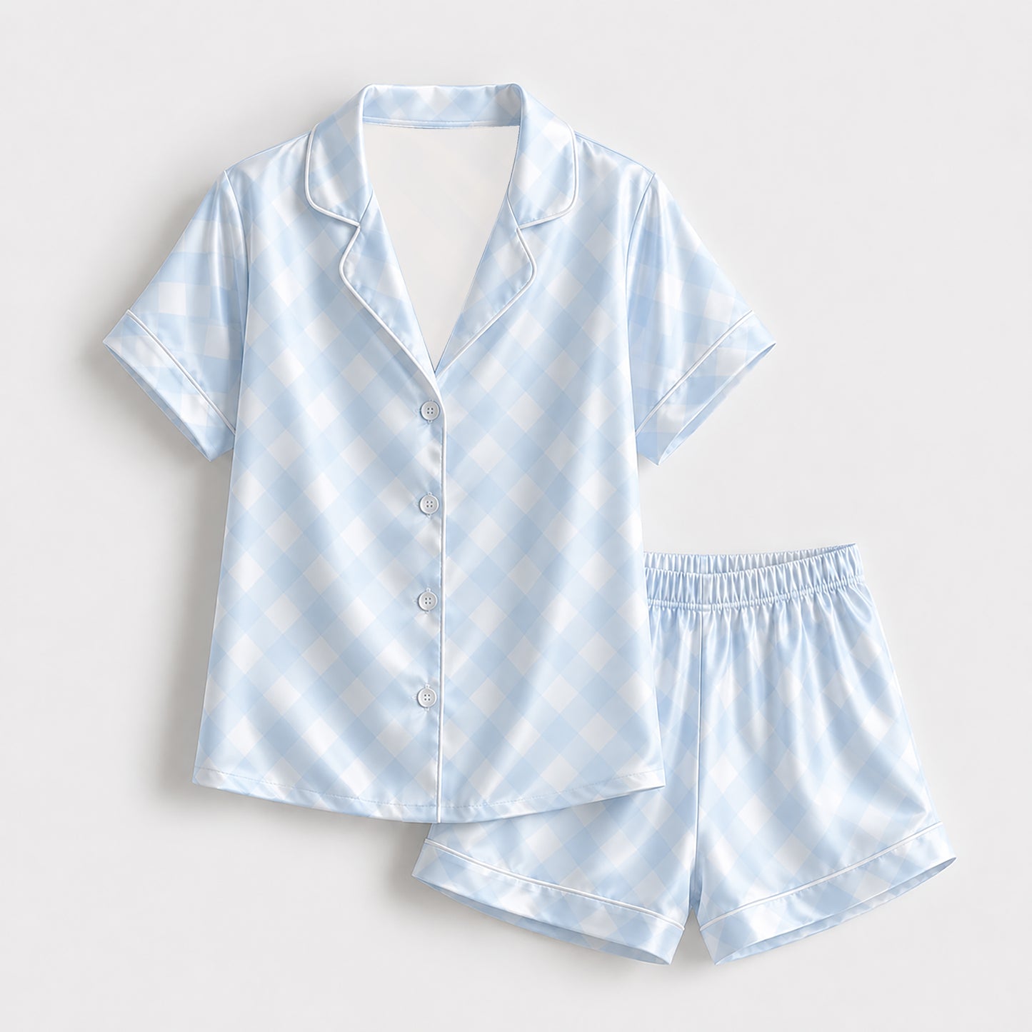 PJ-394-Blue Satin Gingham Pajama Apparel, White Checkered Pattern Sleeve Loungewear Sleepwear Collection Clothing