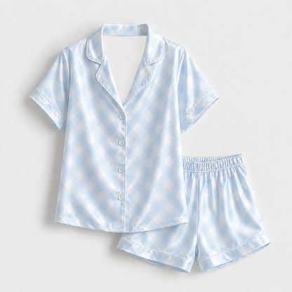 PJ-394-Blue Satin Gingham Pajama Apparel, White Checkered Pattern Sleeve Loungewear Sleepwear Collection Clothing