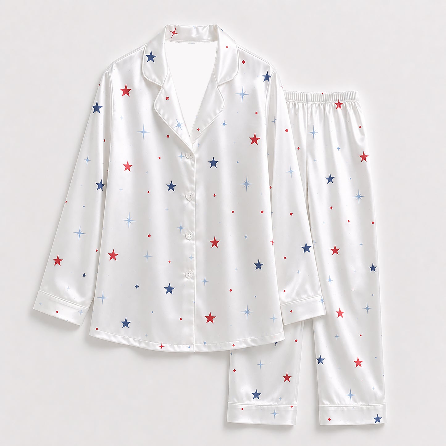 PJ-395-Alabaster Silk Celestial Pajama Apparel, Crimson Star Graphic Short Sleeve Loungewear Sleepwear Collection Raiment