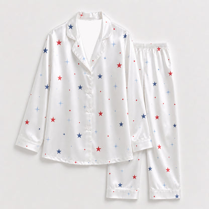 PJ-395-Alabaster Silk Celestial Pajama Apparel, Crimson Star Graphic Short Sleeve Loungewear Sleepwear Collection Raiment
