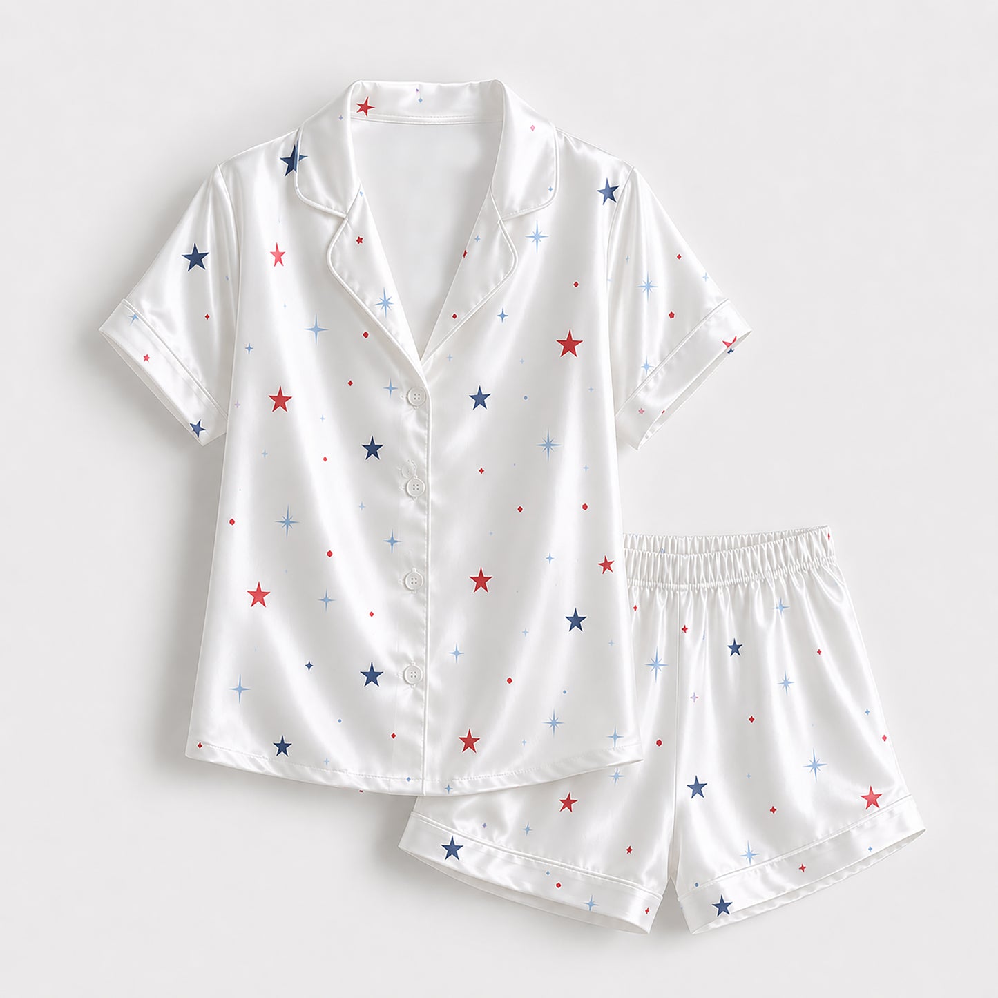 PJ-395-Alabaster Silk Celestial Pajama Apparel, Crimson Star Graphic Short Sleeve Loungewear Sleepwear Collection Raiment