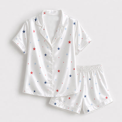PJ-395-Alabaster Silk Celestial Pajama Apparel, Crimson Star Graphic Short Sleeve Loungewear Sleepwear Collection Raiment